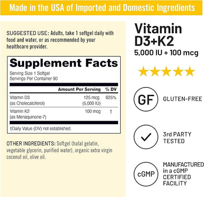 NatureWise Vitamin D3 5000IU + K2 (MK7) 100mcg with Organic Extra Virgin Coconut Oil - Supports Calcium Absorption, Bone & Immune Health - Non-GMO, Soy & Gluten-Free - 90 Softgels[90-Day Supply]