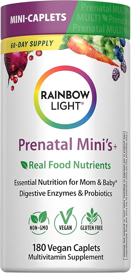 Rainbow Light Prenatal + Multivitamin for Women | 180 Vegan Caplets | Essential Nutrition for Mom & Baby | Real Food Nutrients, Digestive Enzymes, & Probiotics