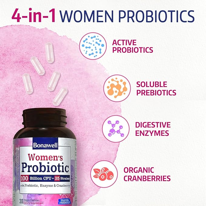Bonawell Probiotics for Women 100B, with Prebiotics, Digestive Enzymes, Organic Cranberry, Shelf-Stable, 30 Veggie Caps