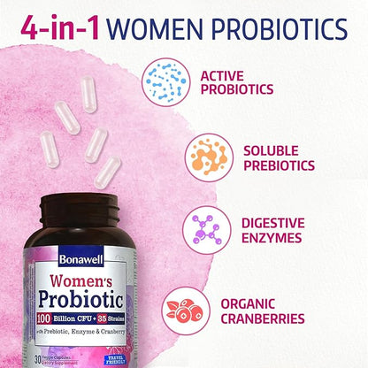 Bonawell Probiotics for Women 100B, with Prebiotics, Digestive Enzymes, Organic Cranberry, Shelf-Stable, 30 Veggie Caps