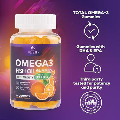 Omega 3 Fish Oil Gummies - 3X Strength Heart Health Support, High Absorption Omega 3 Fish Oil Gummy Supplement with DHA & EPA, Joint & Brain Support for Adults, Delicious Orange Flavor- 60 Gummies