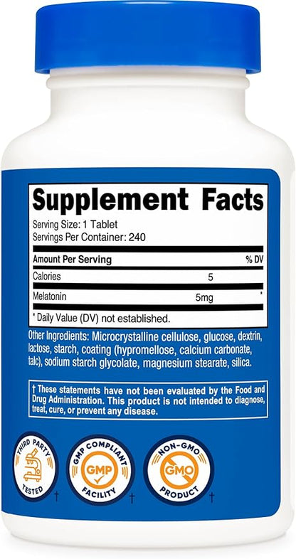 Nutricost Melatonin 5mg, 240 Tablets - 5mg Per Serving, Non-GMO, Gluten Free