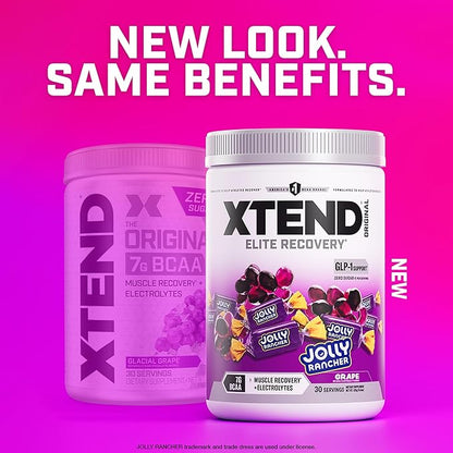 Xtend Original BCAA Powder, 7g BCAAs and 2.5g L-Glutamine for Muscle Recovery Hydration and Lean Muscle, Sugar Free Intra and Post Workout Drink with Electrolytes, Grape Jolly Rancher, 30 Servings