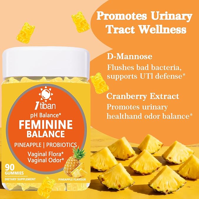 Pineapple Gummies for Women pH, Feminine Balance, Vaginal Health, Female Probiotics Gummy, Wellness Support, Vegan, Gluten-Free, Hawaiian Pineapple 90 Gummies 45 Servings