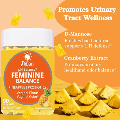 Pineapple Gummies for Women pH, Feminine Balance, Vaginal Health, Female Probiotics Gummy, Wellness Support, Vegan, Gluten-Free, Hawaiian Pineapple 90 Gummies 45 Servings