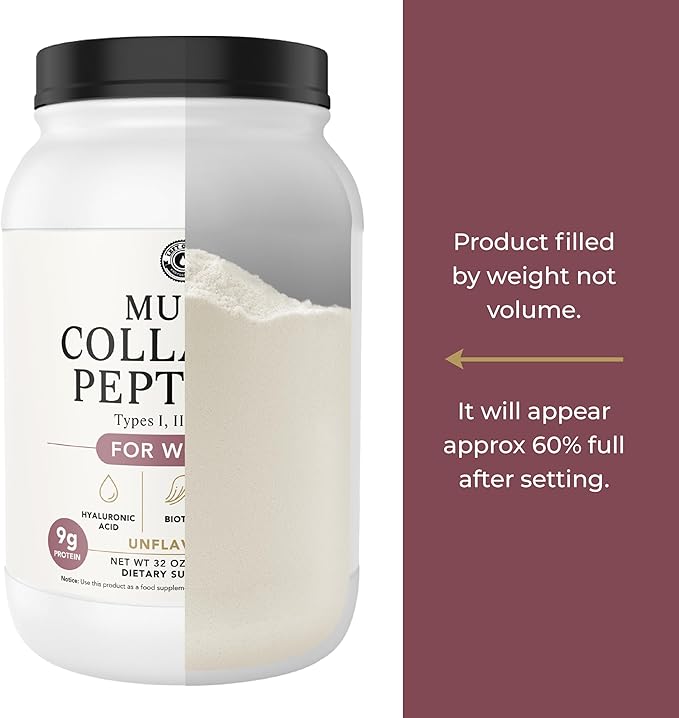Multi Collagen Powder with Biotin, Hyaluronic Acid, Vitamin C (2lb Value Size) | Hydrolyzed Collagen Supplement (Types I, II, III, V, X). Hair, Skin, Nails for Women, Men