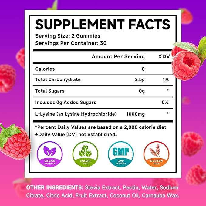 MEENCCD 2 Pack L-Lysine 1000mg Gummies, Lysine Supplement for Adults & Kids, Essential Amino Acid Supplement Supports Collagen Formation, Sugar-Free, Raspberry Flavor, 120 Count