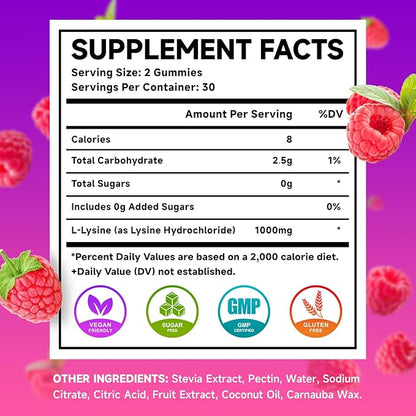 MEENCCD 2 Pack L-Lysine 1000mg Gummies, Lysine Supplement for Adults & Kids, Essential Amino Acid Supplement Supports Collagen Formation, Sugar-Free, Raspberry Flavor, 120 Count