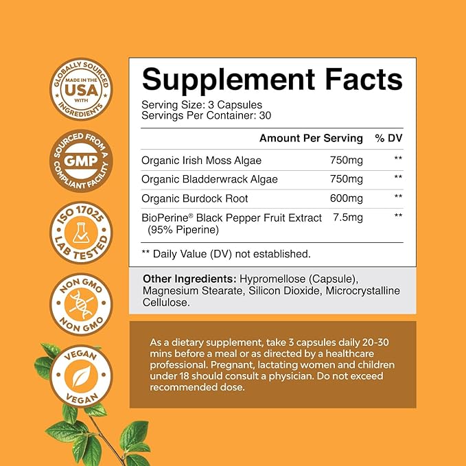 Natures Craft Irish Sea Moss Capsules - Sea Moss Pills with 2100mg Serving Superfood Complex with Bladderwrack Burdock Root and BioPerine for Immune Skin & Thyroid Support - Vegan Non-GMO - 90 Count