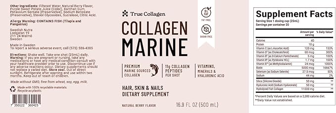 True Collagen Marine | 11,000 mg Hydrolyzed Collagen Liquid Supplement - 2 x 500 ml (1,000 ml), 40 Day Supply | Hyaluronic Acid, Biotin and Vitamin C for Healthy Hair, Skin and Nails | Sugar-Free