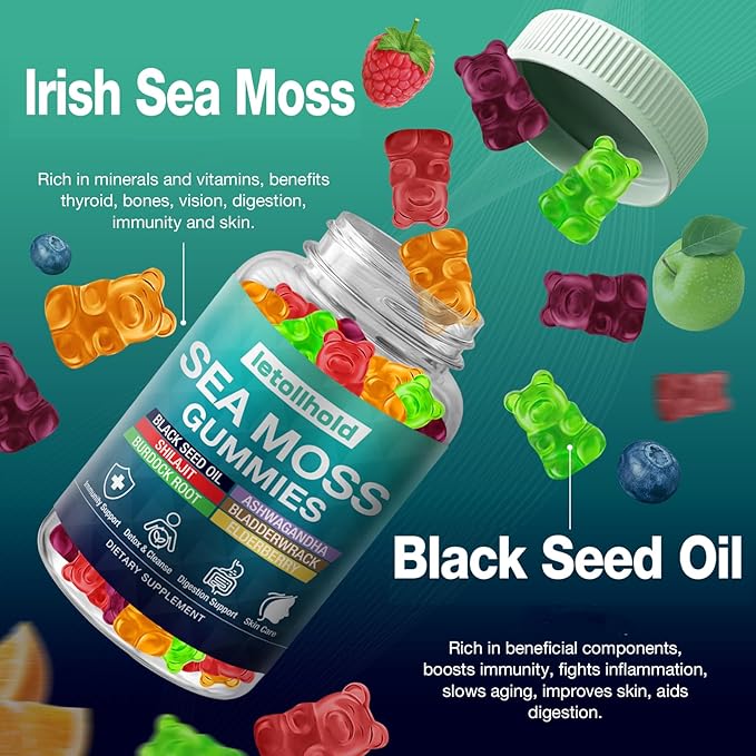 Sea Moss Gummies - Irish Sea Moss Gummies Advanced for Adults with Ashwagandha Bladderwrack & Burdock Root for Supports Immune，Energy - 60 Vegan Gummy,4PCS
