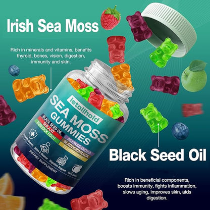 Sea Moss Gummies - Irish Sea Moss Gummies Advanced for Adults with Ashwagandha Bladderwrack & Burdock Root for Supports Immune，Energy - 60 Vegan Gummy,5PCS
