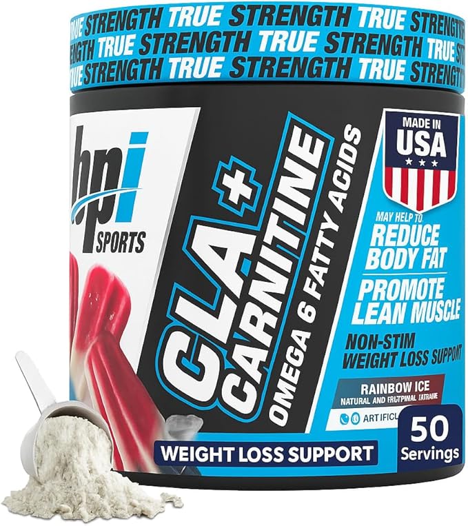 BPI Sports CLA+Carnitine – CLA L Carnitine & Linoleic Acid – L Carnitine Supplement for Weight Loss, Metabolism & Lean Muscle – Caffeine Free – Rainbow Ice – 50 Servings – 12.34 oz