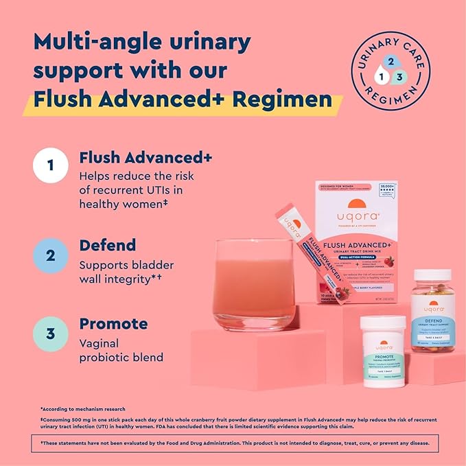 Uqora Flush Advanced+ Regimen with Flush Advanced+ (3 Pack) - Cranberry to Reduce Risk of Recurrent UTI** - Defend & Promote - D-Mannose, Vitamin C, Green Tea Extract & Probiotics - 3-Part Bundle