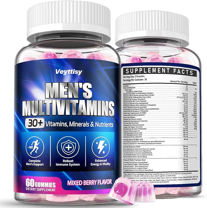 Methylated Multivitamin Gummies for Men - Mens Multivitanins Gummy with Vitamins A C D K E, Methylated Folate, B Complex, Probiotics, Omega-3, CoQ10, Herbal Blend - Support Energy & Immune Health