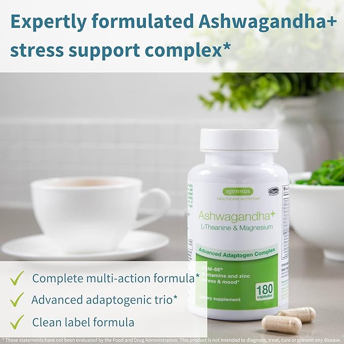 Igennus High Strength Ashwagandha KSM-66 Stress Relief Complex, L-Theanine & Magnesium & Root Extract Adaptogens, Methylated B Vitamins, Calm & Sleep Support, Clean Label, 180 Fast Acting Capsules