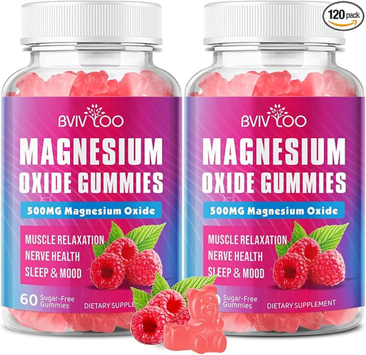 2 Pack Magnesium Oxide 500mg Gummies for Vegan Sugar-Free Raspberry Flavor, Muscle Recovery, Nerve Health & Relaxation, 120 Gummies (Non-GMO, Gluten & Allergen Free)