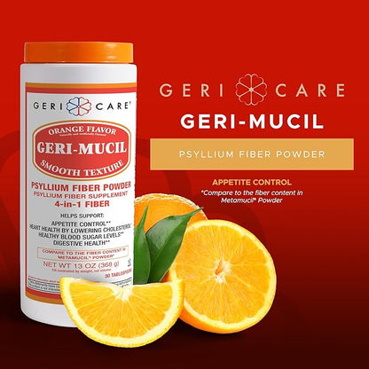 GeriCare Geri-Mucil Psyllium| 4-In-1 Orange-Flavor Psyllium Husk Powder| Daily Fiber Supplement| Sweetened Gluten-Free Fiber Drink Mix| Water-Soluble Husk Fiber Powder For Bowel Movement|13oz (2 Pack)