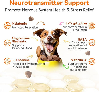 Dog Calming Chews – Magnesium Glycinate & Melatonin for Dogs, 4 Herbal Ingredients for Anxiety Relief, Stress & Travel Support, Chicken Flavor (90 Count)