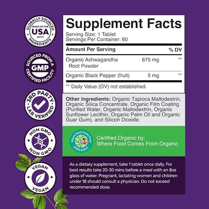 High Strength Organic Ashwagandha Supplements - Ashwagandha Organic Tablets for Mood Support & Hormone Balance for Women & Men - Root Extract Powder with Black Pepper for Better Absorption - 60 Ct
