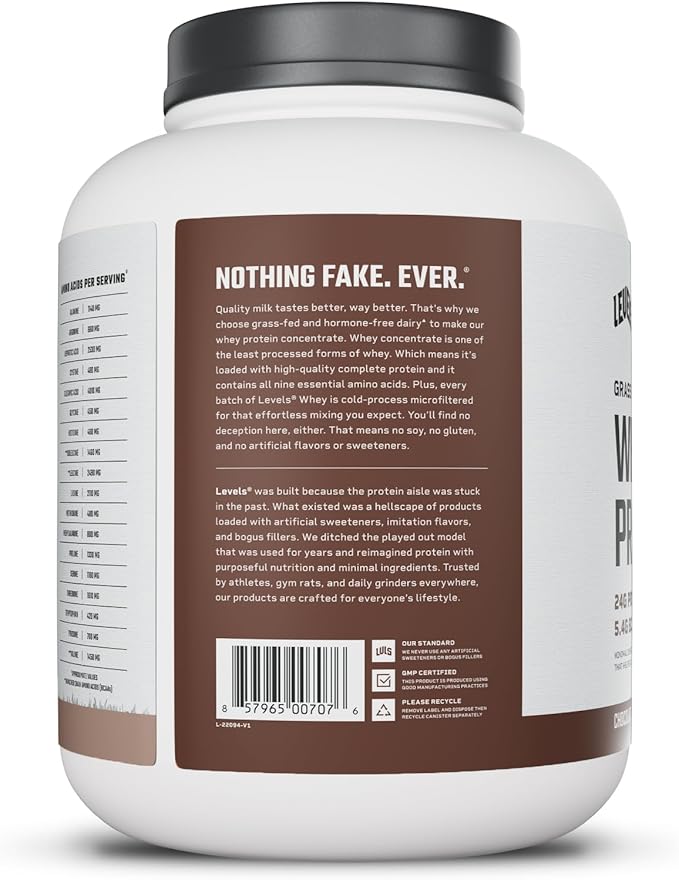 Levels Grass Fed Whey Protein Powder, No Artificials, 24G of Protein, Chocolate Mocha, 5LB