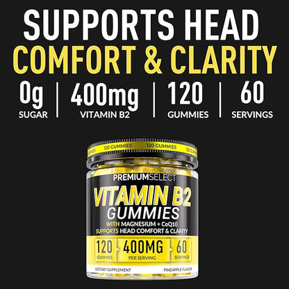 Vitamin B2 Gummies Riboflavin 400mg – 120 Gummies with Magnesium, CoQ10 & Vitamin B2 for Adults – Sugar Free B2 Vitamin 400mg for Energy, Head Comfort & Nervous System Support
