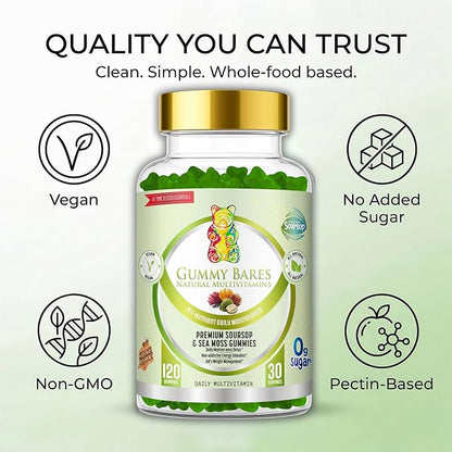 Sea Moss & Soursop Gummies - Organic Irish Sea Moss, Sour SOP Multivitamin, Soursop Bitters, Seamoss & Sea Grapes | Vegan, Sugar-Free (120 ct) | Gummy Bares