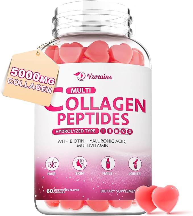 Multi Collagen Peptides Gummies, Collagen Gummies for Women & Men, Type I,II,III,V,X Protein with Biotin, Hyaluronic Acid, Vitamin C for Healthy Skin Support, Strawberry Flavored, Sugar Free, 60Cts