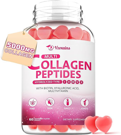 Multi Collagen Peptides Gummies, Collagen Gummies for Women & Men, Type I,II,III,V,X Protein with Biotin, Hyaluronic Acid, Vitamin C for Healthy Skin Support, Strawberry Flavored, Sugar Free, 60Cts