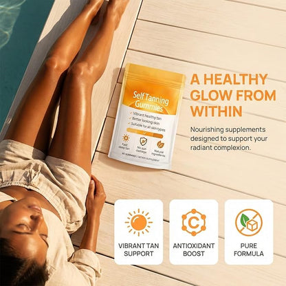 Tanning Gummies, Sunless Tanning Supplement with Astaxanthin, Beta-Carotene, Vitamin C, Turmeric + Mango Extract | Nourishes Skin & Improves Sleep | Vegan & Sugar Free - 60 Count