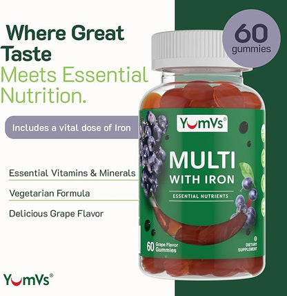 YUM-V'S Iron Gummies - Multivitamin Iron Supplement with Vitamin C, A, B & Zinc, Supports Blood Oxygen, Vegan Supplements for Women, Men & Kids for Growth and Development - Grape Flavor | 60 Count