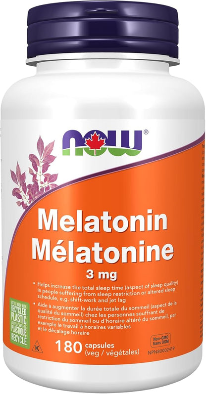 NOW Foods Supplements, Melatonin 3 mg, Free Radical Scavenger*, Healthy Sleep Cycle*, 180 Veg Capsules