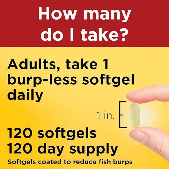 Nature Made Burp Less Omega 3 Fish Oil Supplements, 1200mg, EPA DHA Omega 3 Supplement as Ethyl Esters, Fish Oil Softgels for Healthy Heart, Brain and Eyes Support, One Per Day, 120 Softgels