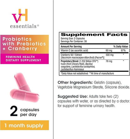 vH essentials Probiotics with Prebiotics and Cranberry Feminine Health Supplement - 60 Capsules