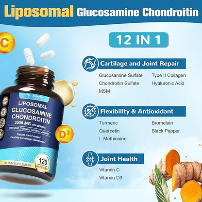 Totaria Liposomal Glucosamine Chondroitin MSM Collagen | 3000 MG | Joint Support Supplement Bone Health Support Flexibility & Cartilage Maintenance for Men & Woman Supplement, Non-GMO