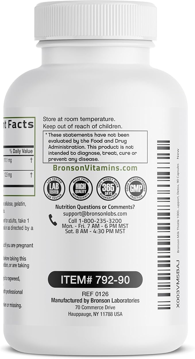Bronson Milk Thistle Silymarin Marianum & Dandelion Extract Liver Health Support, Antioxidant Support, Detox, 90 Capsules