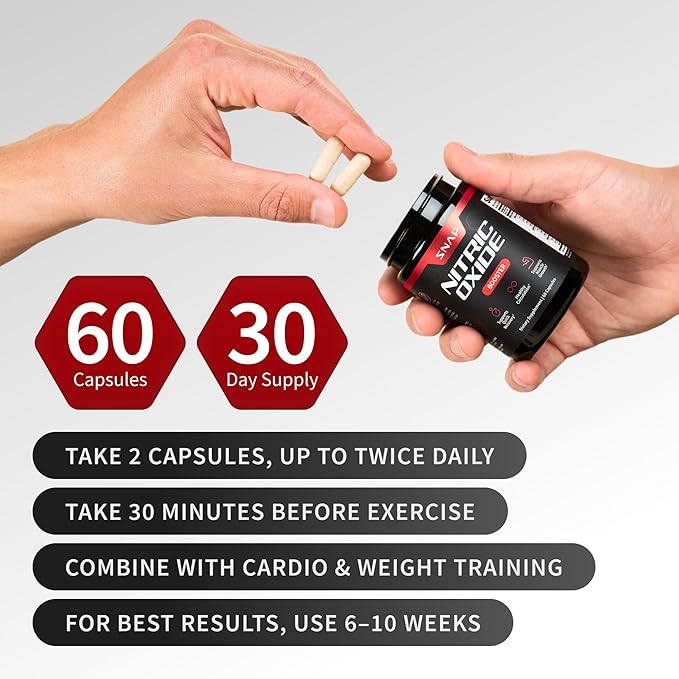 Snap Supplements Nitric Oxide Supplement with L-Arginine to Support Energy, Quick Recovery, Heart Health, Muscle Growth & Circulation, 60 Vegetarian Capsules (1 Month Supply)