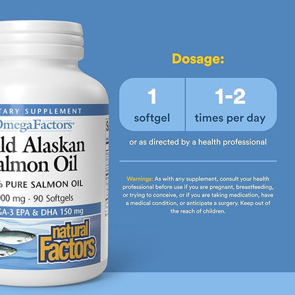 Omega Factors by Natural Factors, Wild Alaskan Salmon Oil, Supports Heart and Brain Health with Omega-3 DHA and EPA, 90 Softgels