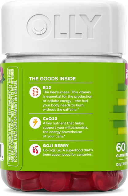 OLLY Daily Energy Gummy, Caffeine Free, Vitamin B12, CoQ10, Goji Berry, Adult Chewable Supplement, Tropical Flavor - 60 Count