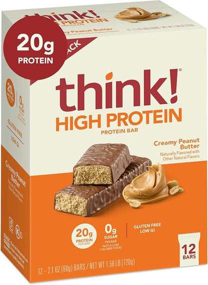 think! Protein Bars, High Protein Snacks, Gluten Free, Kosher Friendly, Creamy Peanut Butter, Nutrition Bars, 2.1 Oz per Bar, 12 Count (Packaging May Vary)