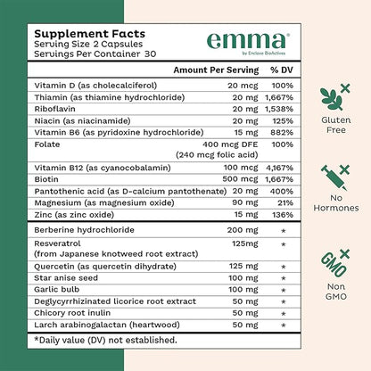 Emma Gut Health Relief Supplement, Doctor Endorsed Formula for Women & Men, Leaky Gut & Digestive Support for Constipation, Bloating & Gas Relief with Berberine, Resveratrol, Quercetin, 60 Caps,4-Pack