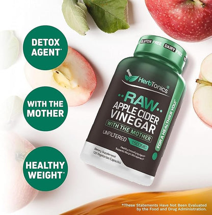 Herbtonics Raw Apple Cider Vinegar Capsules 1500mg with Mother | Weight Management, Detox & Digestion Formula with GLP-1 Support | Unfiltered ACV for Metabolic Support | 120 Vegan Capsules