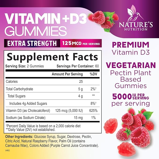 Vitamin D Supplement Gummy - Vitamin D3 125 mcg 5000 IU Per Serving - Bone, Teeth, Muscle and Immune Health Support for Men & Women, Premium VIT D3 Nature's & Gluten Free - 120 Gummies
