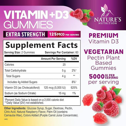 Vitamin D Supplement Gummy - Vitamin D3 125 mcg 5000 IU Per Serving - Bone, Teeth, Muscle and Immune Health Support for Men & Women, Premium VIT D3 Nature's & Gluten Free - 120 Gummies