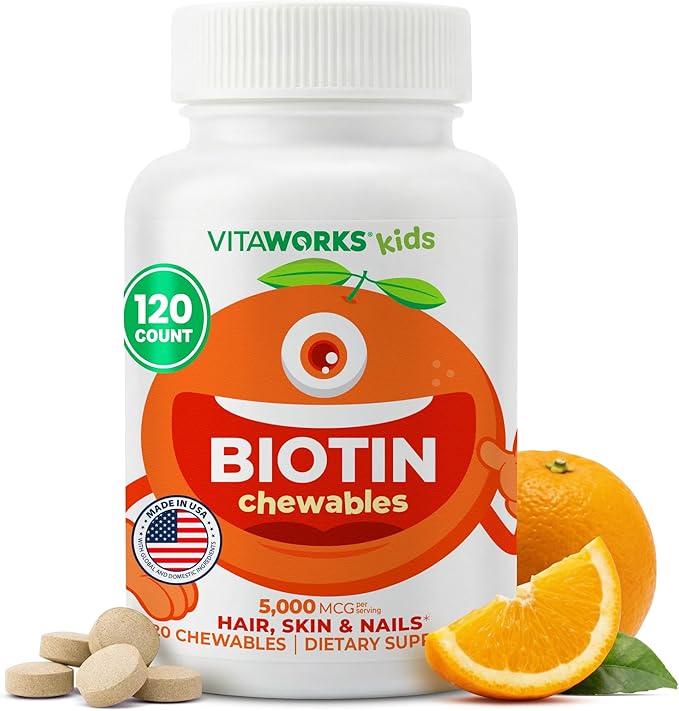 Kids Biotin 5000mcg Chewable Tablets | Tasty Biotin Supplement | Vegan, Non GMO | Hair Growth, Skin and Nail Heath | Hair Vitamins for Kids | 120 Chewables