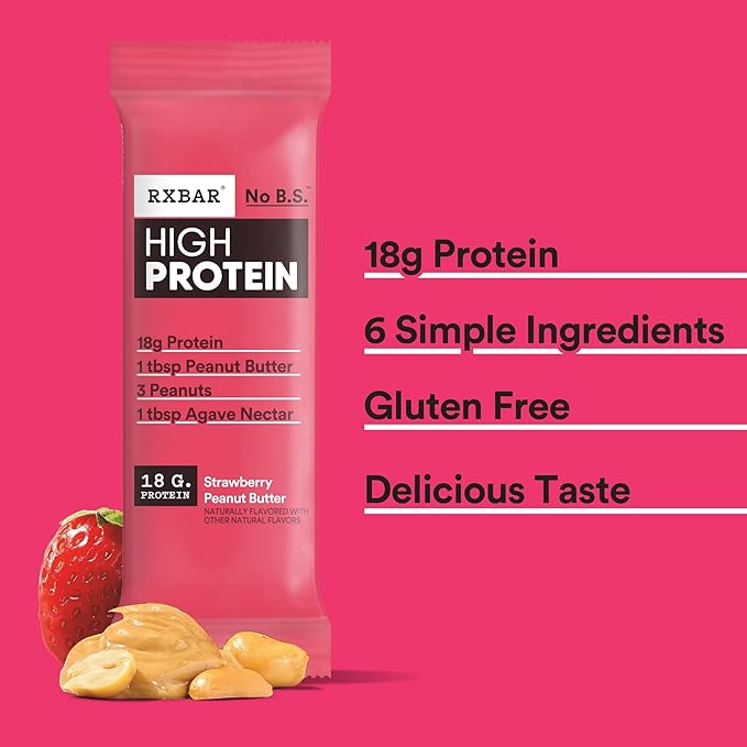RXBAR High Protein Bars, Gluten Free, Protein Snacks, Strawberry Peanut Butter, 25.3oz Box (12 Bars)
