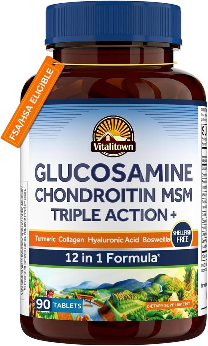 Vitalitown Glucosamine Chondroitin MSM | Collagen, Boswellia, Turmeric, Hyaluronic Acid, Bromelain | Triple Action+ Formula | 12 Ingredients | 90 Tablets, No Shellfish