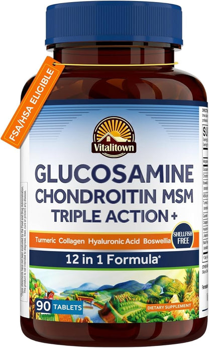 Vitalitown Glucosamine Chondroitin MSM | Collagen, Boswellia, Turmeric, Hyaluronic Acid, Bromelain | Triple Action+ Formula | 12 Ingredients | 90 Tablets, No Shellfish