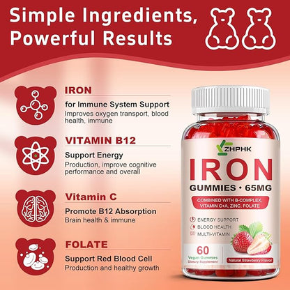 ZHPHK Iron Supplement Gummies, 65mg Iron for Women Men Kids, Natural Vegan Iron Gummy with Folate Gentle on Stomach, Gluten Free, Energy Support & Immune Health, 60 Gummies
