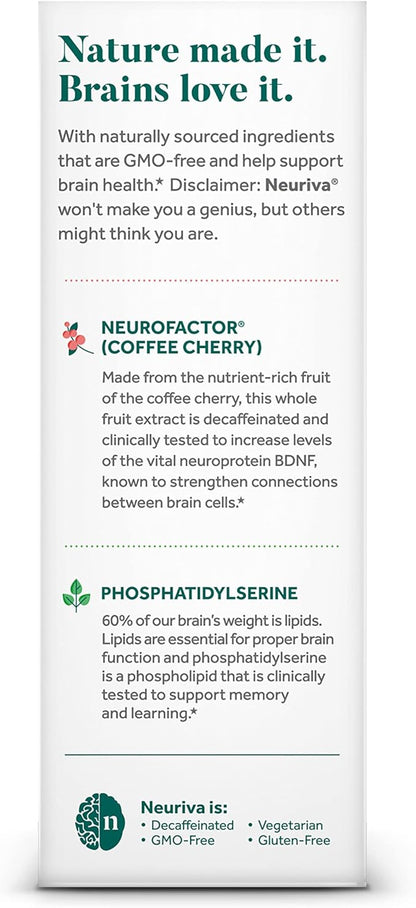 NEURIVA Original Decaffeinated Clinically Tested Nootropic Brain Supplement for Memory, Focus & Concentration, NeuroFactor & Phosphatidylserine, 28ct Capsules